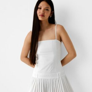 Bershka Strappy Poplin Dress With Box Pleat Skirt Women L White