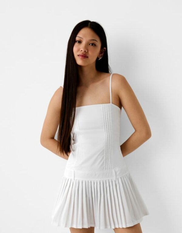 Bershka Strappy Poplin Dress With Box Pleat Skirt Women L White