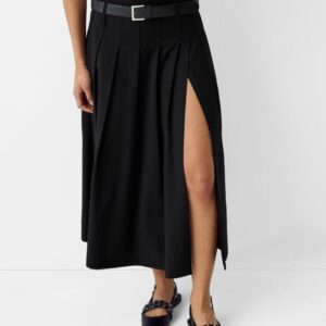 Bershka Tailored Fit Box Pleat Midi Skirt With Belt And Split Women M Black