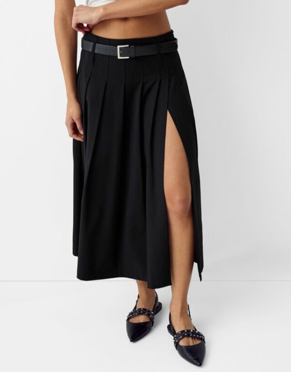 Bershka Tailored Fit Box Pleat Midi Skirt With Belt And Split Women M Black