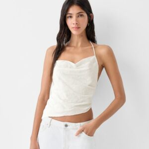 Bershka Textured Floral Bandeau Top Women L Off White