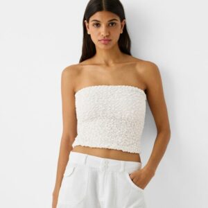 Bershka Waffle-Knit Bandeau Top Women Xs Off White