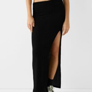 Bershka Waffle-Knit Midi Skirt Women Xs Black