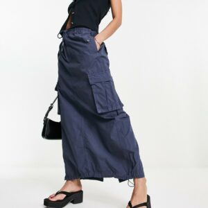 Bershka drawstring waist cargo parachute midi skirt in navy