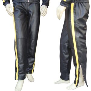 Bespoke Tailored Leather Track Suit Pant Bottom in 1 Yellow Stripe With Zip At The Or Custom Made To Order