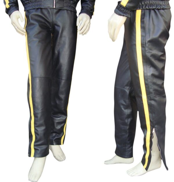 Bespoke Tailored Leather Track Suit Pant Bottom in 1 Yellow Stripe With Zip At The Or Custom Made To Order