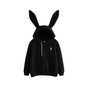 (Black, 2XL) Women Rabbit Bunny Ear Hoodies Hooded Sweatshirt Pullover Jumper Casual Tops