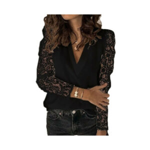 (Black, 2XL=UK SIZE 16) Womens V-Neck Plain Shirts Tops Ladies Lace Long Sleeve Casual Pullover Blouse