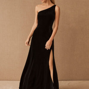 Black Evening Dress A-Line One-Shoulder Velour Floor-Length Split Front Social Party Dresses