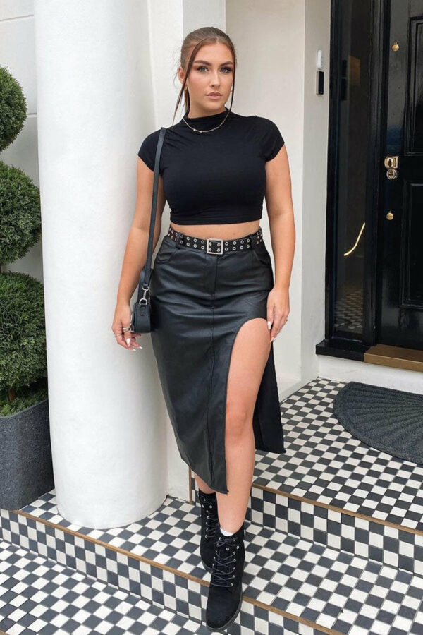 Black Faux Leather Thigh Slit Midi Skirt - Jaden - Size 6