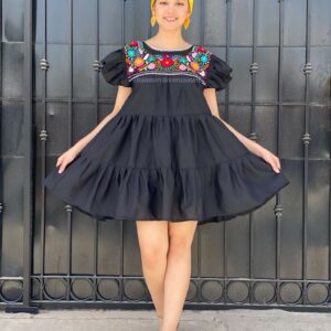 Black Hand Embroidered Ruffled Dress, Mexican Dress Women, Ruffle Layered Summer Little Black Wedding, Boho Hippie