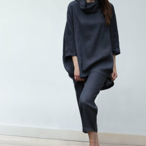 Black Linen Two Piece Set/Suit . Cropped Trousers Pants & High Neck Top