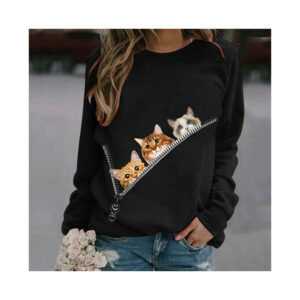 (Black, M = UK Size 8) Womens Cat Print Long Sleeve Sweatshirt Tops Ladies Casual Loose Blouse T-Shirt