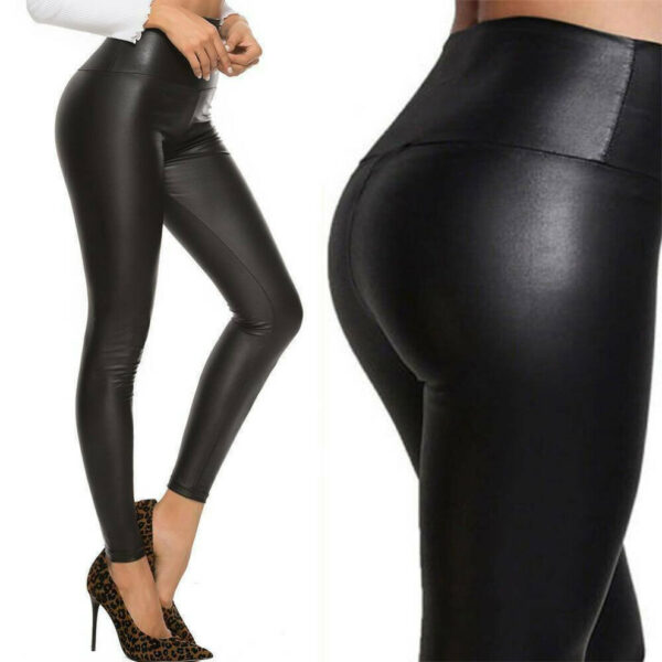 (Black, ML 12-14) New Ladies Wet Look PU Faux Leather High Waist Leggings Stretchy Biker Pants UK