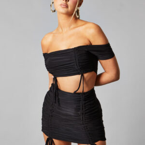 Black Mesh Bandeau Crop Top & Ruched Mini Skirt Set - Haru - Size 6