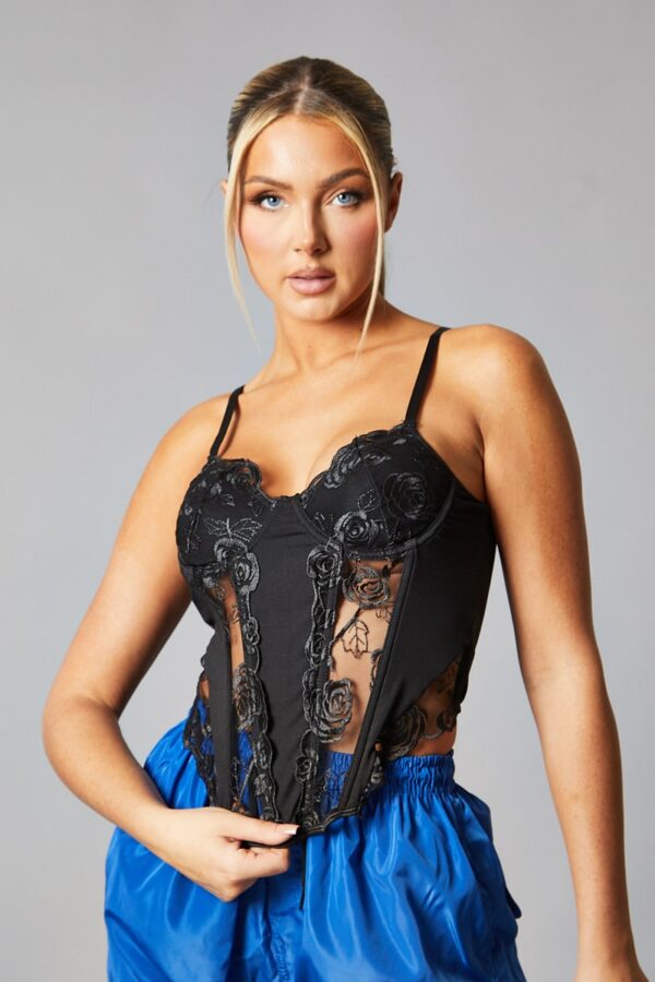 Black Mesh Lace Floral Embroidered Corset Detail Top - Takara - Size 6