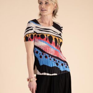 Black/ Multi Abstract Colourblock Stripe Print Pleated Top