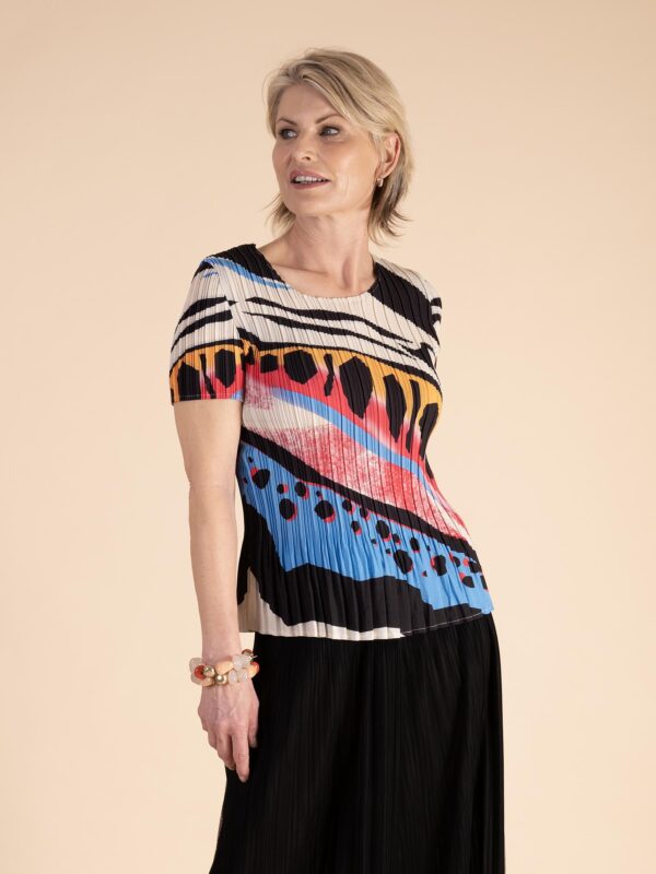 Black/ Multi Abstract Colourblock Stripe Print Pleated Top