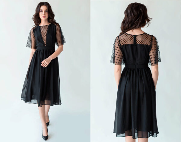 Black Polka Dot Sleeve Tulle Dress, Chiffon Midi Party Wedding Bridesmaid Formal Cocktail Gothic Witchy Mesh Dress