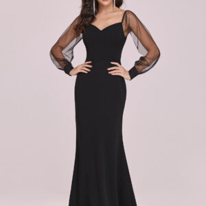 Black Prom Dress Mermaid V-Neck Satin Fabric Long Sleeves Backless Tulle Satin Fabric Party Dresses