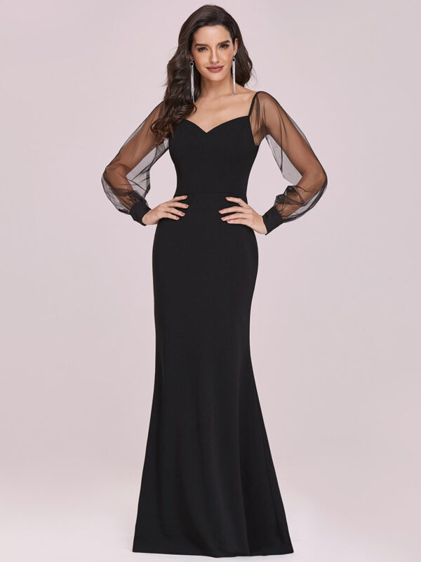 Black Prom Dress Mermaid V-Neck Satin Fabric Long Sleeves Backless Tulle Satin Fabric Party Dresses