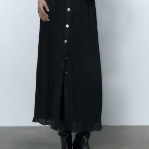 Black Skirt Pleated Belted Buttons High Waist Causal Skirt