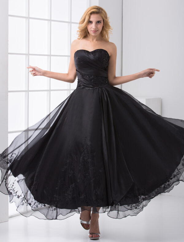 Black Strapless Backless Beaded Organza A-Line Prom Dress