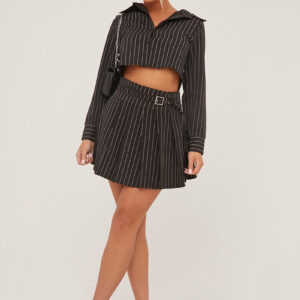 Black Striped Button Up Shirt & Pleated Mini Skirt Co-ord Set - Nancy - Size 10