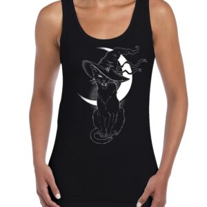 Black Witches Cat With Hat Halloween Womens Tank Vest Top