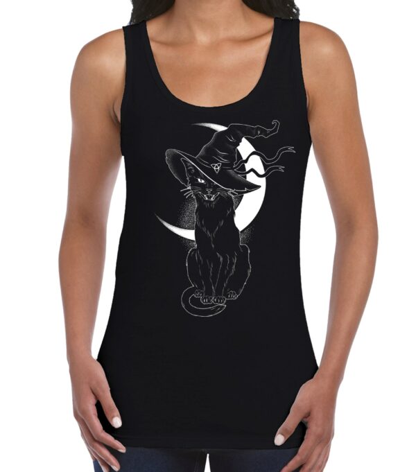 Black Witches Cat With Hat Halloween Womens Tank Vest Top