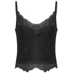 (Black, XL) Womens Lace Cami Top V-Neck Lace Hem Camisole Spaghetti Strap Ribbed Tank Top