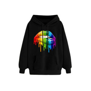 (Black, XL) Women's Rainbow Color Lip Print Long Sleeve Hoodie