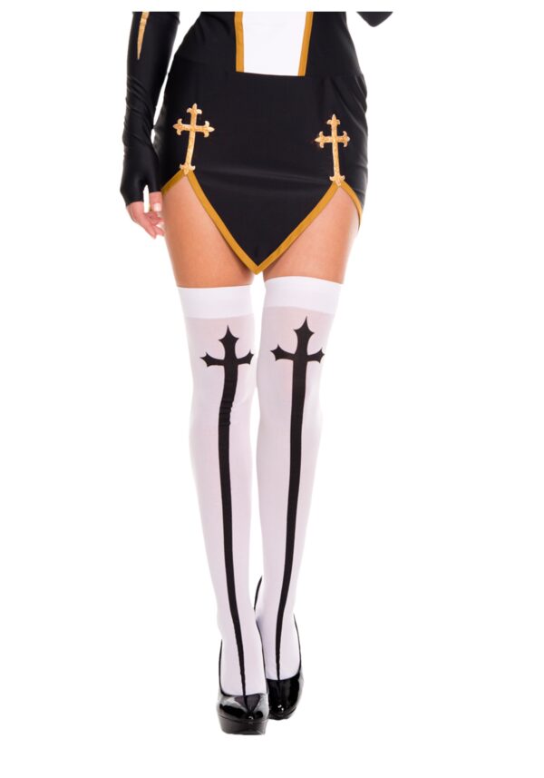 Black and White Gothic Cross Opaque Thigh High Stockings