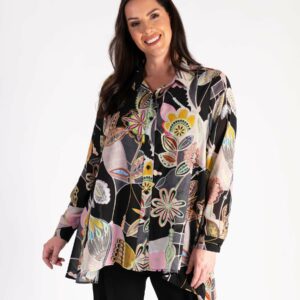 Black/Multi Fantasy Printed Chiffon Blouse With Back Pleated Detail