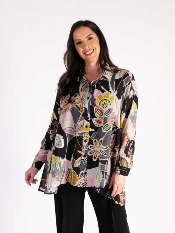 Black/Multi Fantasy Printed Chiffon Blouse With Back Pleated Detail