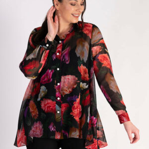 Black/Multi Rose Bouquet Print Blouse with Back Pleat Detail