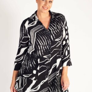 Black/White Abstract Print Button Front Blouse with Shaped Hemline