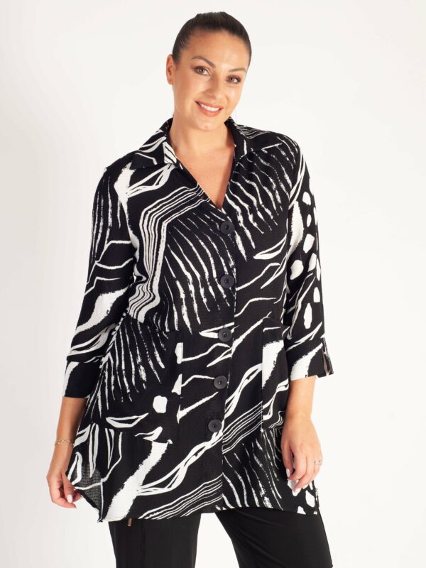 Black/White Abstract Print Button Front Blouse with Shaped Hemline