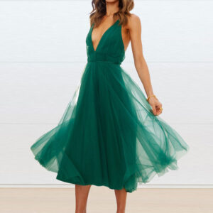 Blackless Midi Dress Sleeveless Deep V Tulle Birthday Prom Dresses