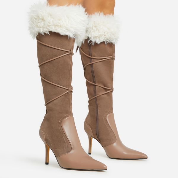 Blazer Lace Up Faux Fur Trim Detail Pointed Toe Stiletto Heel Knee High Long Boot In Taupe Faux Suede, Women's Size UK 5