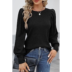 Blouse Dressy Tops Women's Black Pink Blue Solid / Plain Color Puff Sleeve Home Daily Fashion Round Neck Regular Fit S