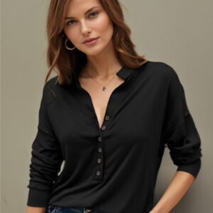 Blouse For Women Black Turndown Collar Casual Buttons Long Sleeves Tops