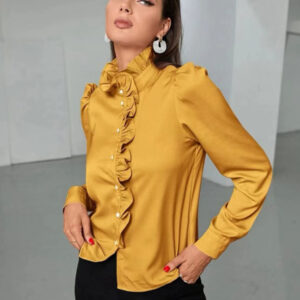 Blouse For Women Gold High Collar Casual Buttons Cascading Ruffles Long Sleeves Tops