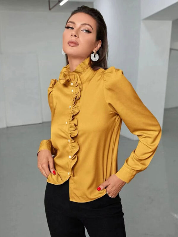 Blouse For Women Gold High Collar Casual Buttons Cascading Ruffles Long Sleeves Tops