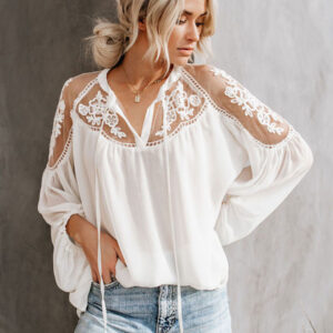 Blouse For Women White Sheer Flowers Embroidered Bohemian Long Sleeves Tops