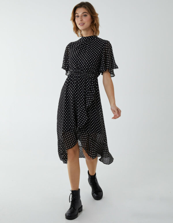 Blouson Wrap Skirt Ruffle Midi Dress - 8 / BLACK PATTERN