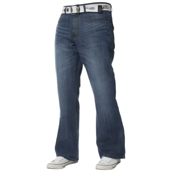 (Blue, 38W / 30L) Mens Bootcut Jeans Flared Wide Leg Belted Denim Pants