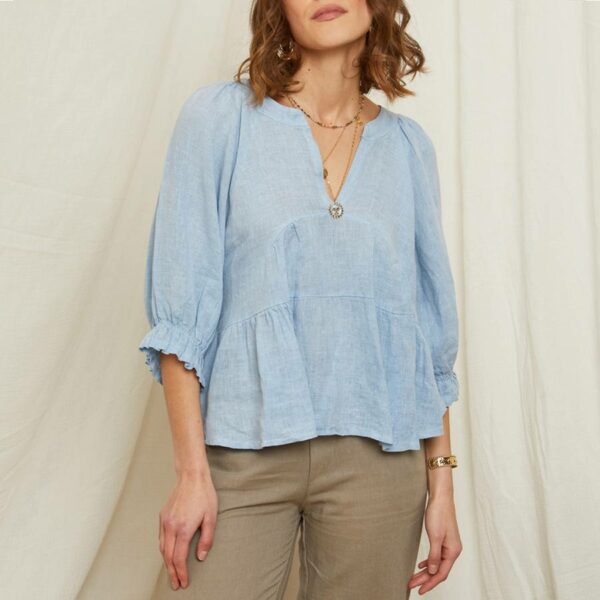 Blue Blouson Linen Blouse