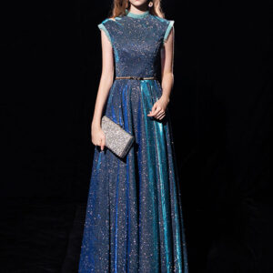 Blue Evening Dress Ball Gown Jewel Neck Sequined Floor-Length Sash Formal Party Dresses