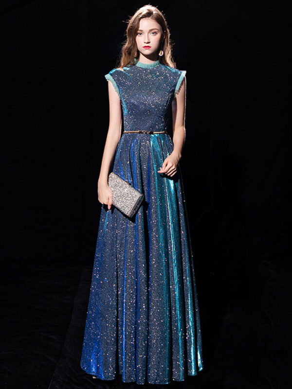 Blue Evening Dress Ball Gown Jewel Neck Sequined Floor-Length Sash Formal Party Dresses